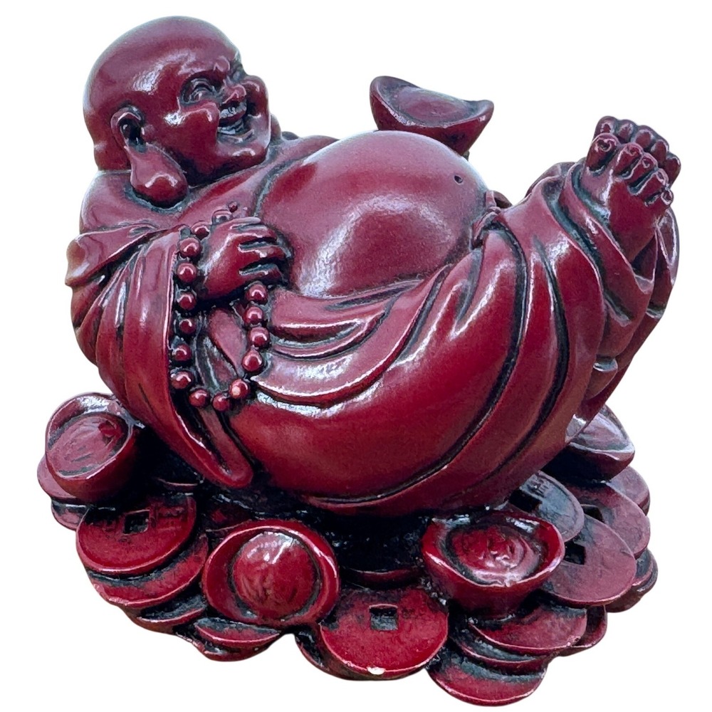 Buddha Figurine Red Resin Hotei Wealth Coins Wealth Zen Luck